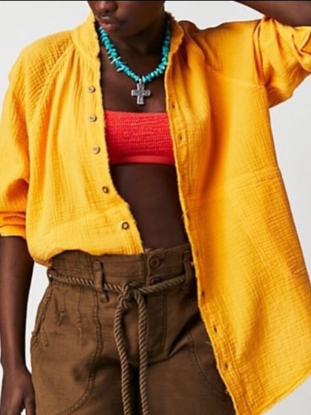 Free People Summer Daydream Button Down Top Oversized Bird of Paradise Yellow